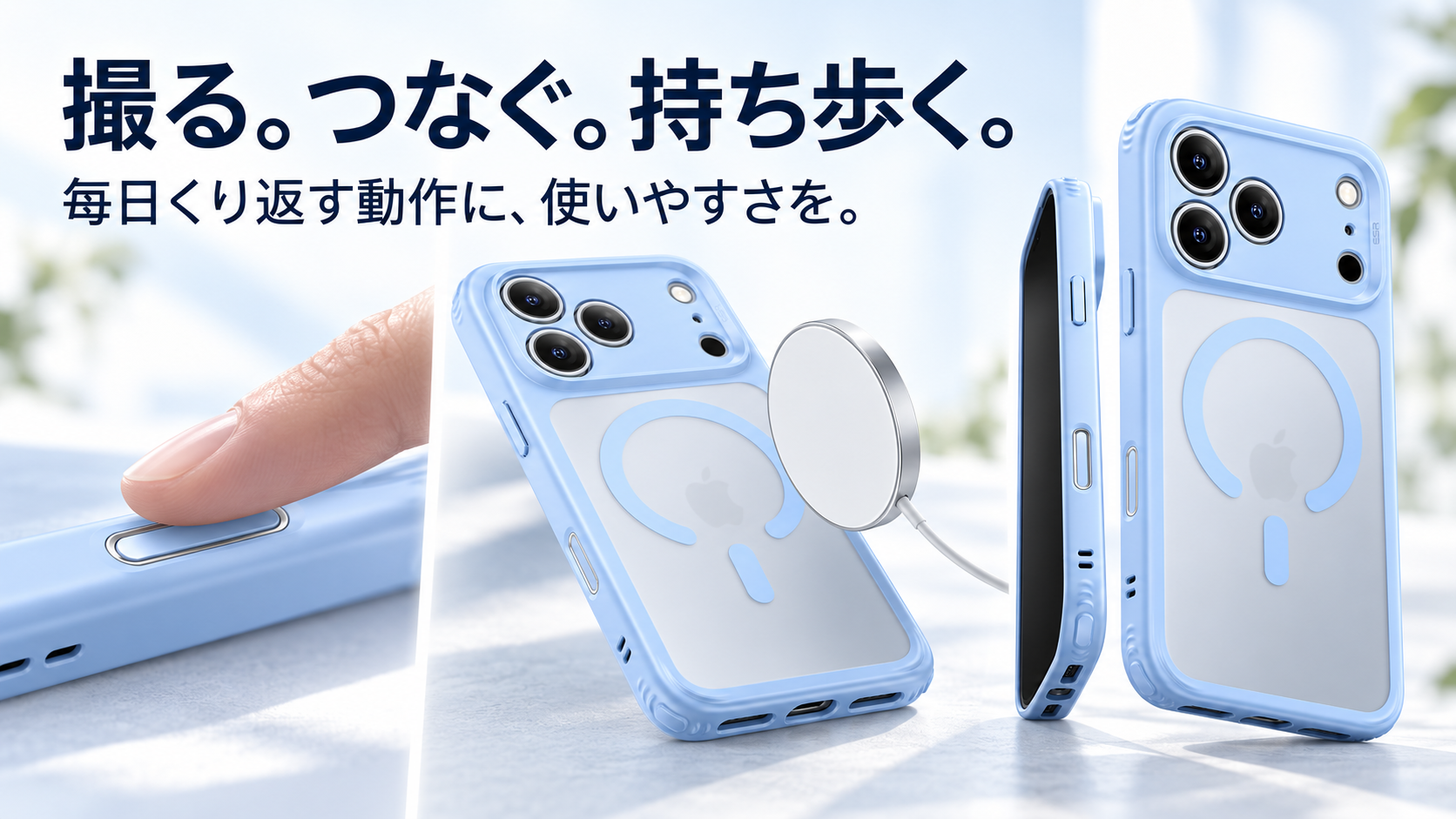 カメラ操作、マグネット接続、ケース外観の3つのイメージ
